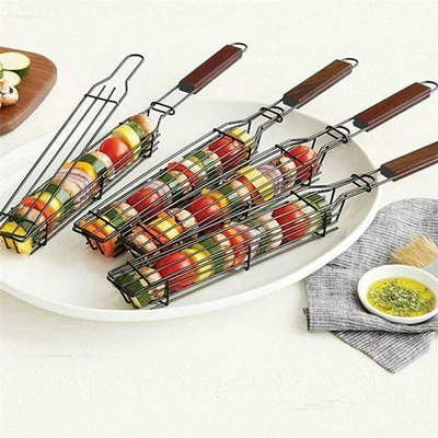 Αντικολλητικό ξύλινο καλάθι Kabob σχαρών ΣΧΑΡΩΝ λαβών που ψήνει τα καλάθια στη σχάρα