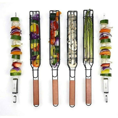 Αντικολλητικό ξύλινο καλάθι Kabob σχαρών ΣΧΑΡΩΝ λαβών που ψήνει τα καλάθια στη σχάρα